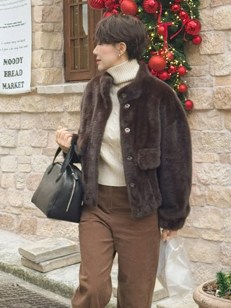 Damen Kurzjacke im Teddy‑Fauxfur mit Boxy‑Silhouette und aufgesetzter Tasche Nord Taschen