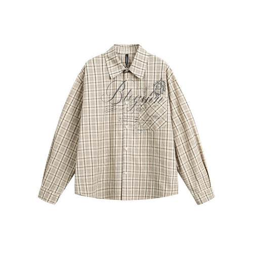 Damen Karierte Oversize-Hemdbluse mit Brusttasche und dekorativem Schriftprint Nord Taschen