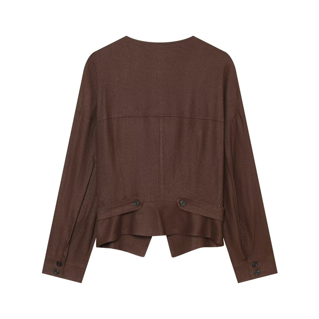 Damen Leichte asymmetrische Blusenjacke mit diagonaler Knopfleiste Nord Taschen