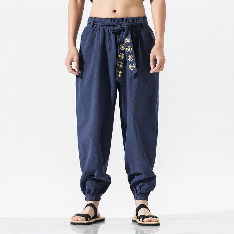 Damen weite Leinenhose mit Tunnelzug Bund Bindedetail und elastischen Knöchelabschlüssen Nord Taschen