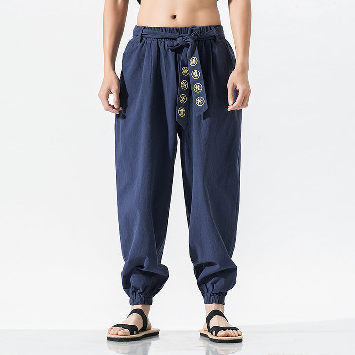 Damen weite Leinenhose mit Tunnelzug Bund Bindedetail und elastischen Knöchelabschlüssen Nord Taschen