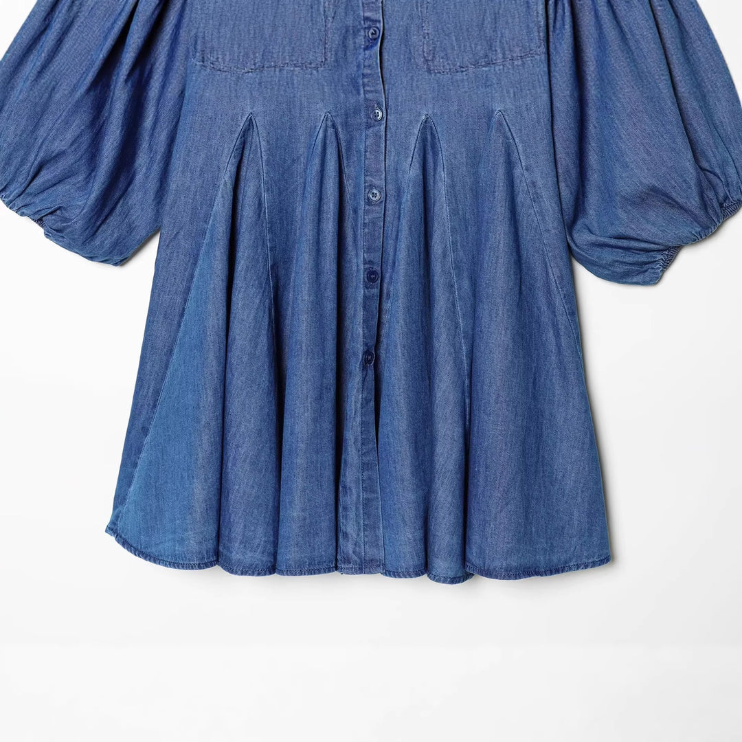 Damen Knielanges Hemdblusenkleid aus Denim mit Ballonärmeln und Faltenrock Nord Taschen
