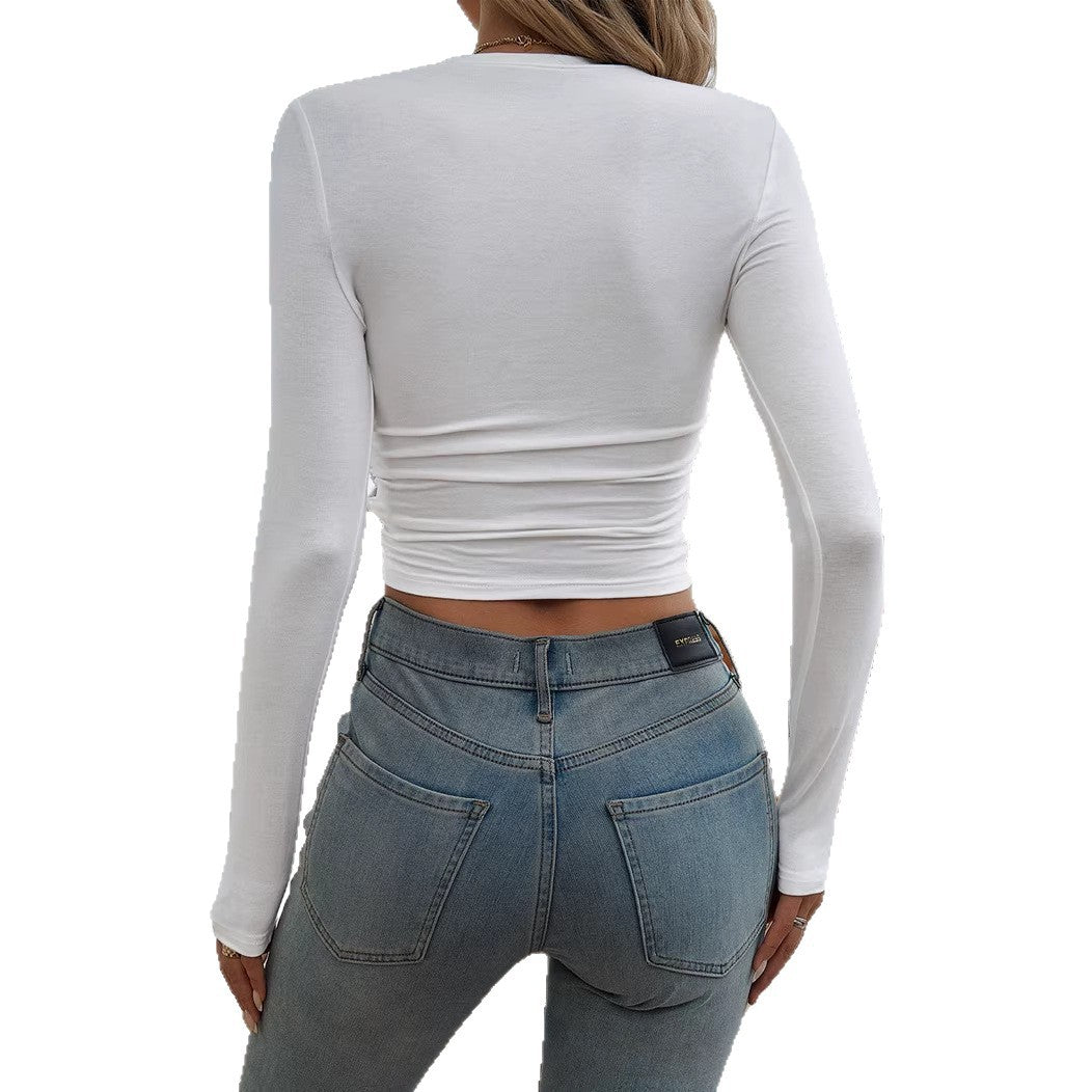 Damen Figurbetontes langärmeliges Crop-Shirt mit seitlicher Raffung Nord Taschen