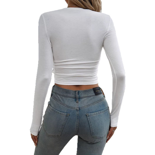 Damen Figurbetontes langärmeliges Crop-Shirt mit seitlicher Raffung Nord Taschen