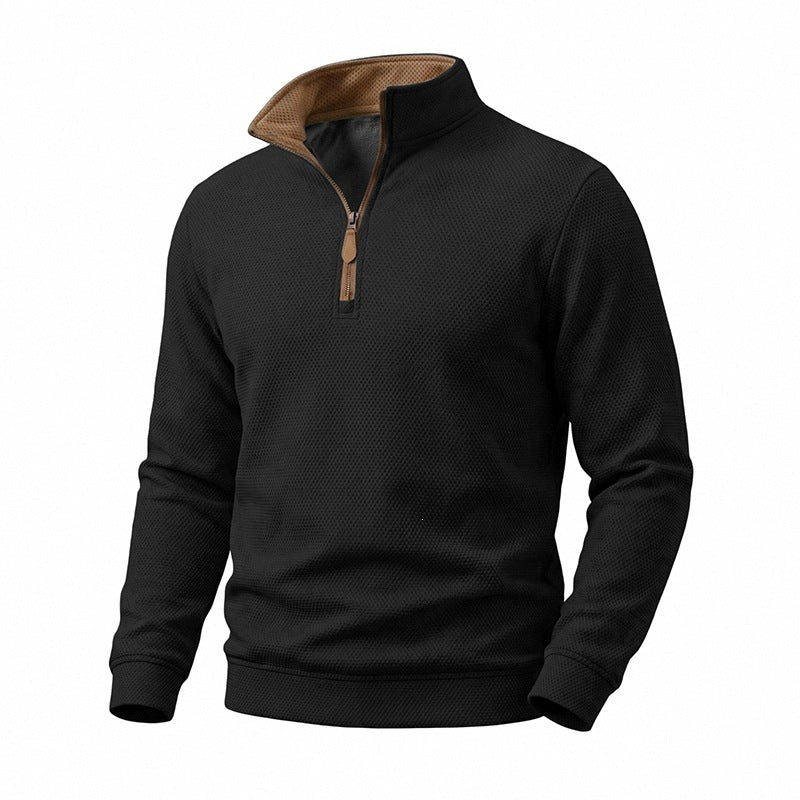 Herren Struktur-Halbzipp-Pullover mit Stehkragen und Kontrastinnenkragen Nord Taschen