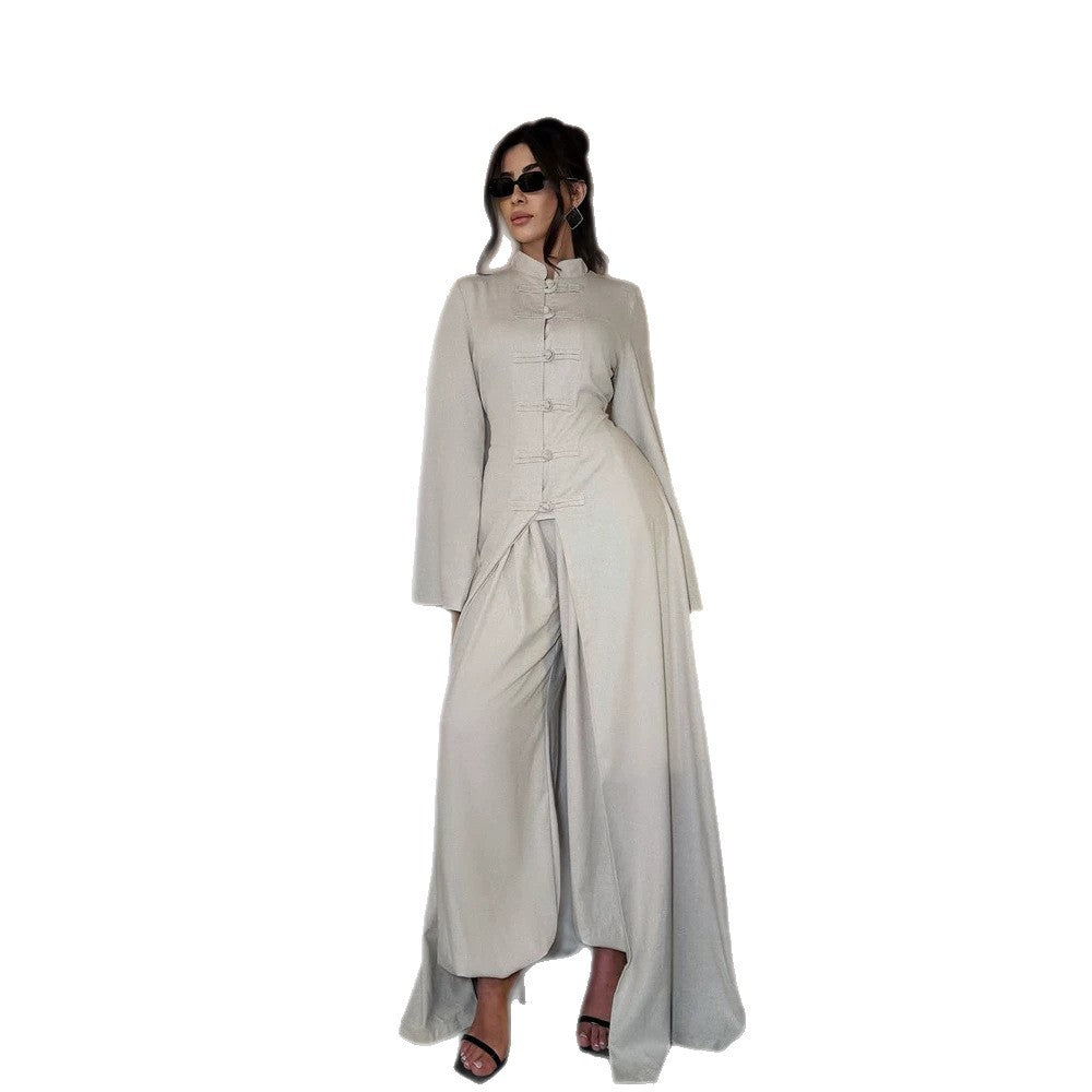Damen Maxikleid mit Stehkragen, Mandarin-Knopfleiste und drapierter Rockpartie Nord Taschen