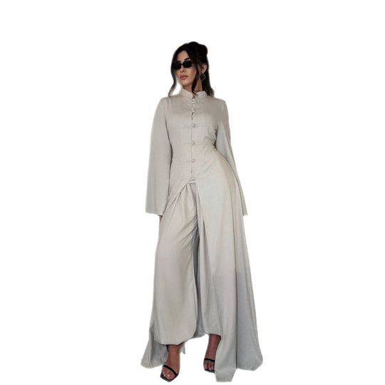 Damen Maxikleid mit Stehkragen, Mandarin-Knopfleiste und drapierter Rockpartie Nord Taschen