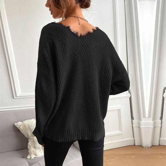 Damen Eleganter Strickpullover mit V-Ausschnitt und großem Muster Nord Taschen