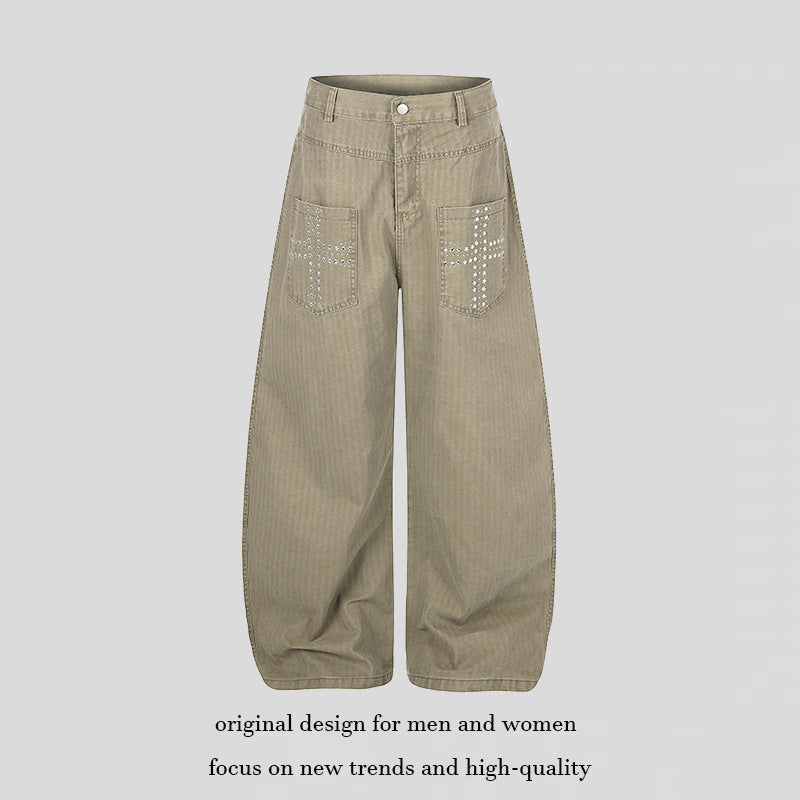 Damen Weite High‑Waist Palazzo‑Hose aus Denim mit aufgesetzten Taschen und Nietenkreuz-Detail Nord Taschen
