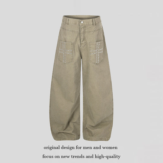 Damen Weite High‑Waist Palazzo‑Hose aus Denim mit aufgesetzten Taschen und Nietenkreuz-Detail Nord Taschen