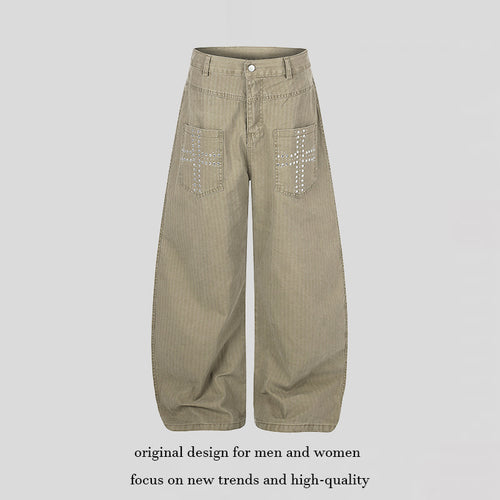 Damen Weite High‑Waist Palazzo‑Hose aus Denim mit aufgesetzten Taschen und Nietenkreuz-Detail Nord Taschen