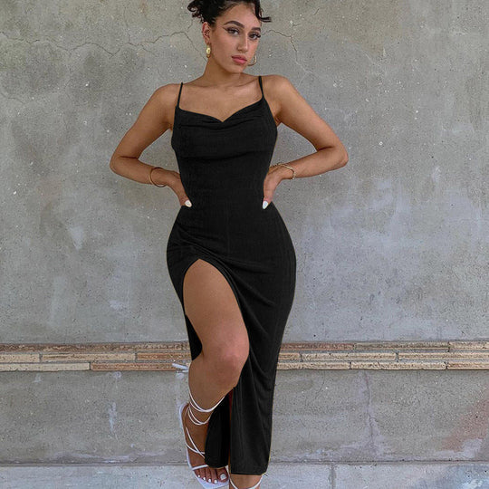 Damen Maxikleid mit tiefem Wasserfalldekolleté und hohem Schlitz