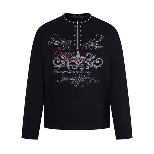 Damen Langarmshirt mit Halb-Reißverschluss, Nietenkragen und Barock-Schriftprint Nord Taschen
