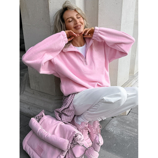Damen Oversized Fleecepullover mit halbem Reißverschluss und Stehkragen Nord Taschen