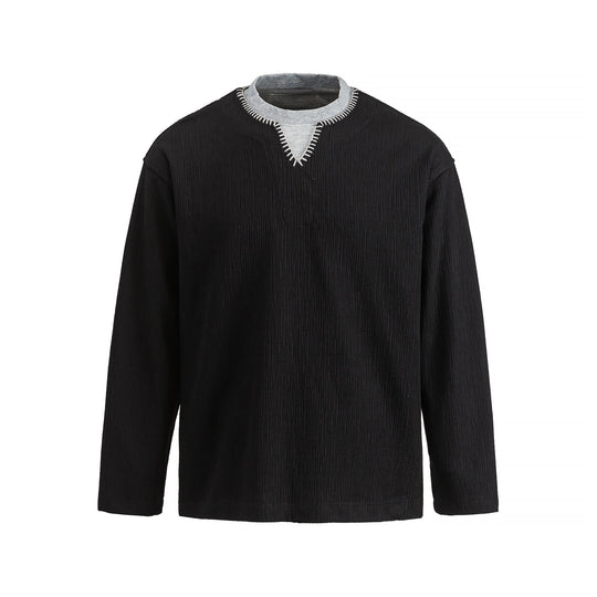 Herren Texturierter Sweatshirt-Pullover mit Lagenkragen und dekorativer Ziernaht Nord Taschen