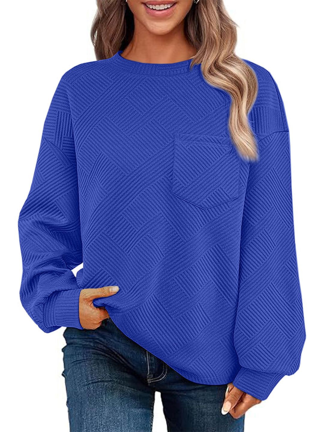 Damen Oversize Strukturstrick-Pullover mit Brusttasche Nord Taschen