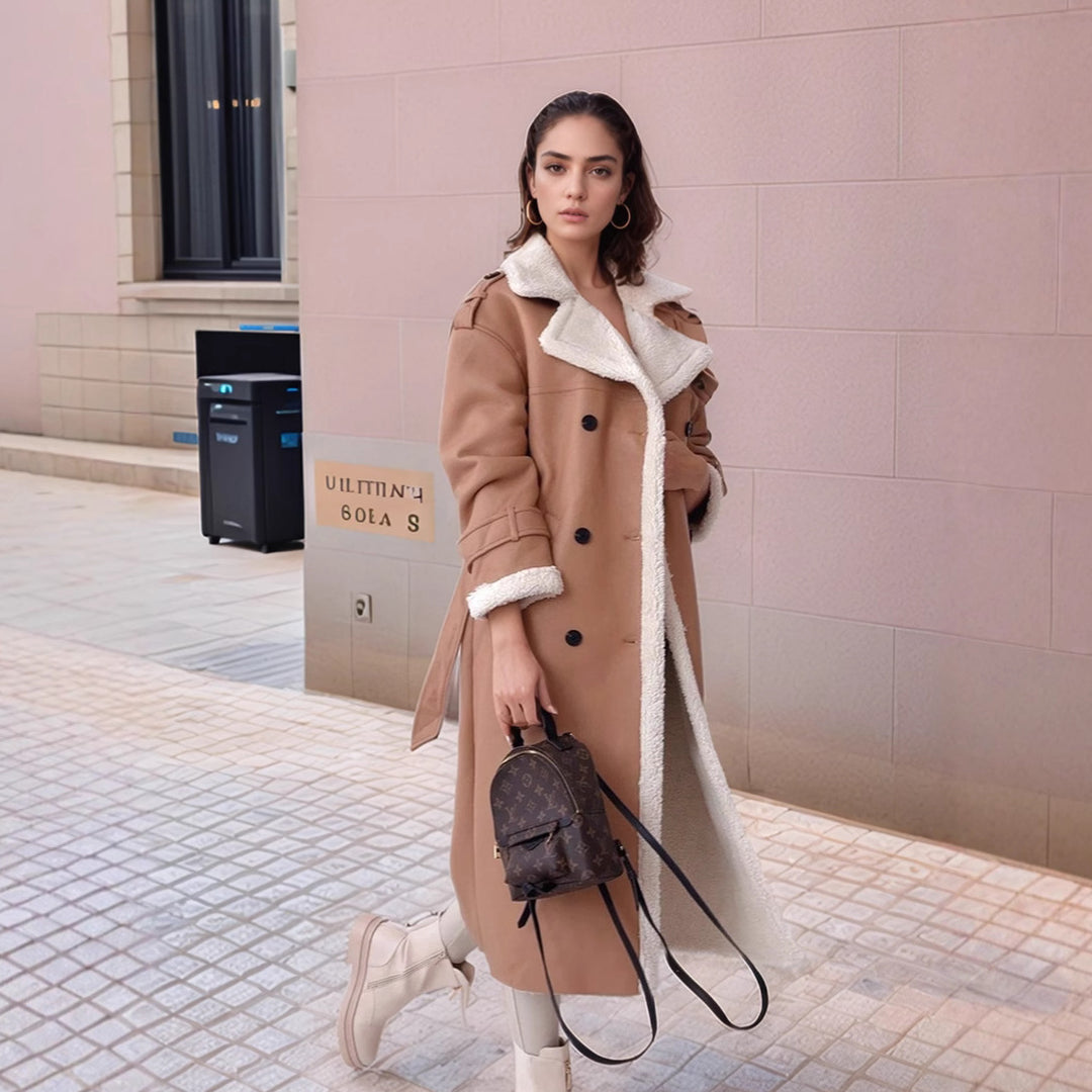 Damen Langer Mantel im Trenchstil mit Teddyfutter und taillierter Silhouette Nord Taschen