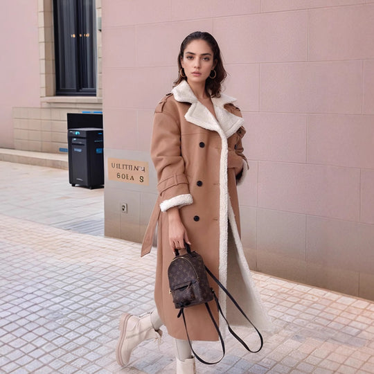 Damen Langer Mantel im Trenchstil mit Teddyfutter und taillierter Silhouette Nord Taschen