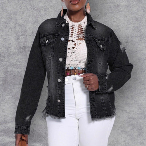 Damen Distressed Denimjacke mit ausgefranstem Saum und Relaxed-Fit Nord Taschen