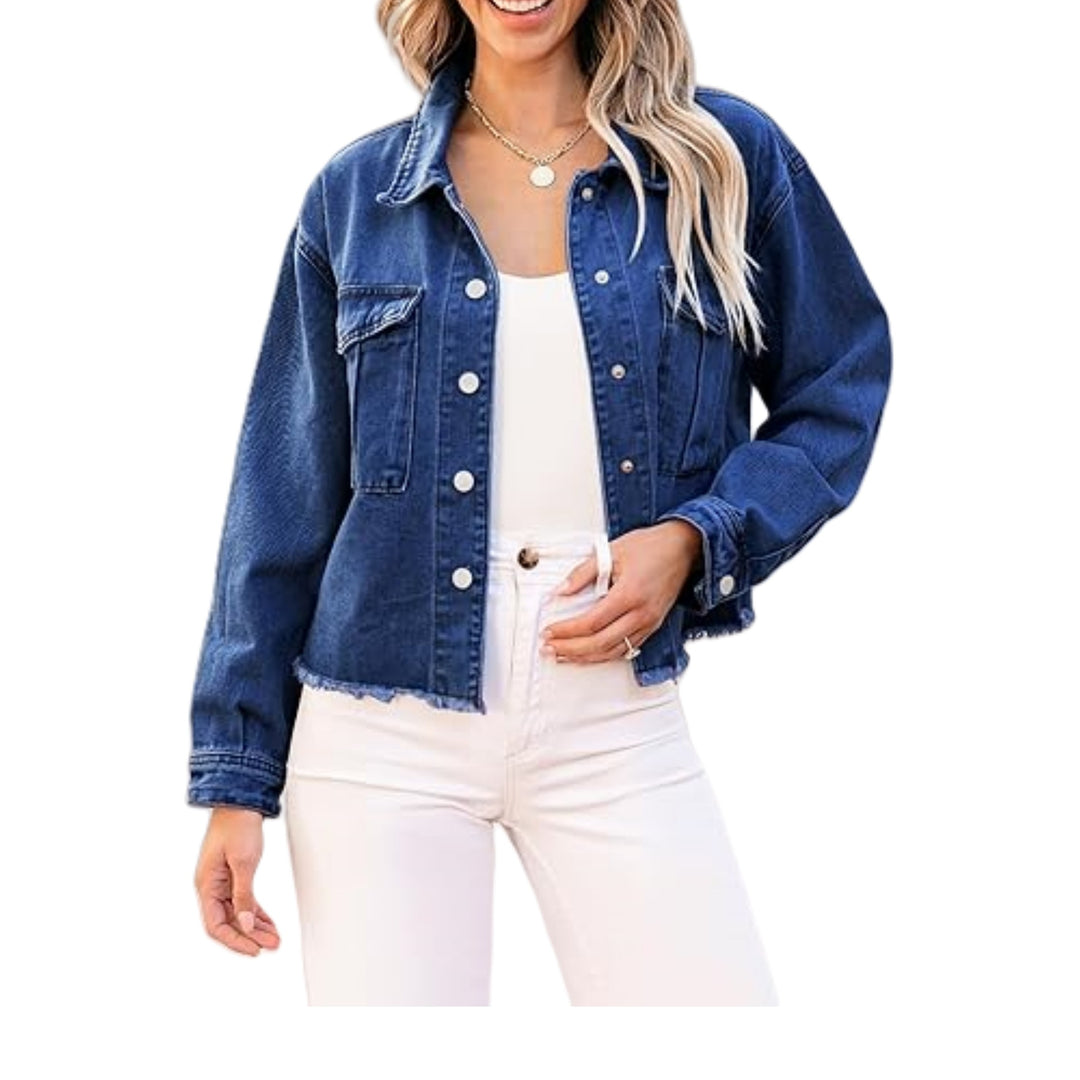 Damen Kurz geschnittene Oversize-Jeansjacke mit rohem Saum und aufgesetzten Brusttaschen Nord Taschen