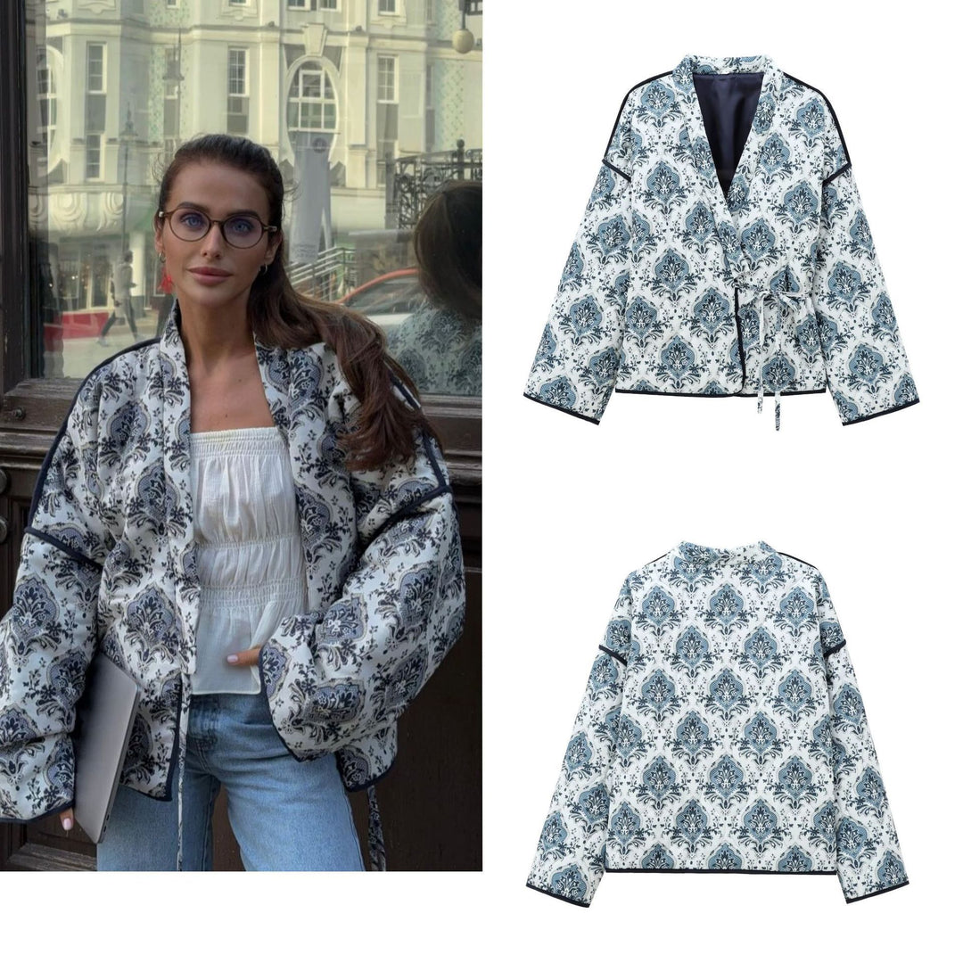 Damen gewattete Kimono-Jacke mit Taillengürtel und ornamentalem Print Nord Taschen