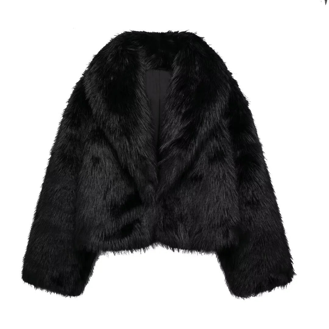 Damen Kurze Cropped Kunstpelzjacke mit voluminösem Schalkragen Nord Taschen