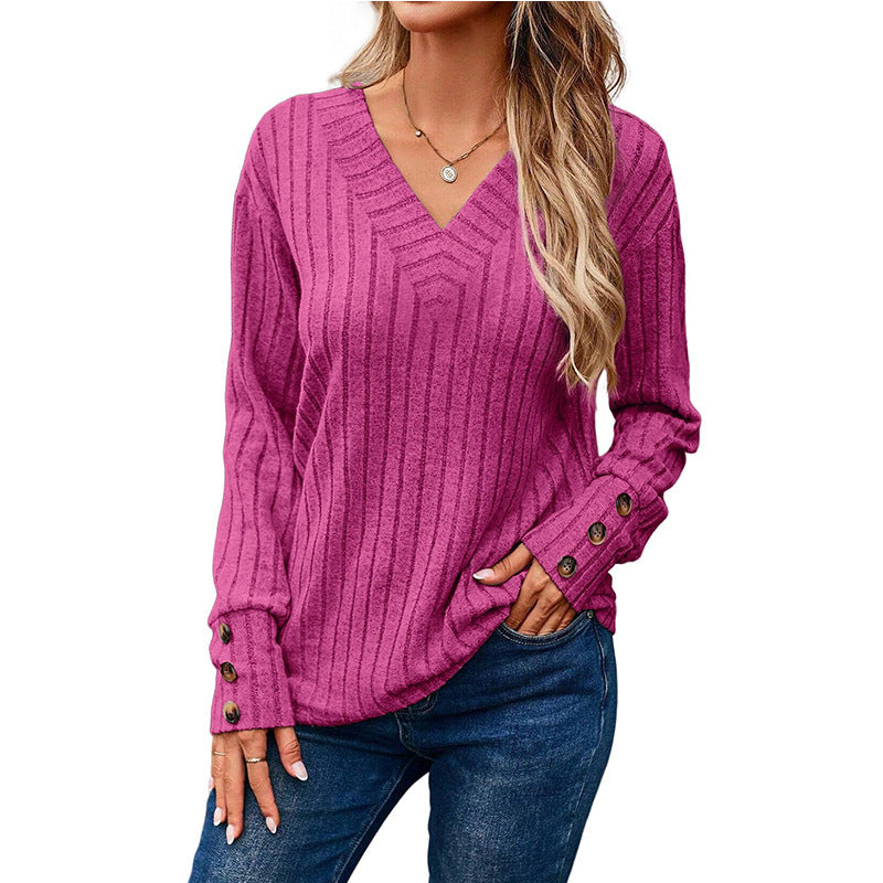 Damen Gerippter V-Ausschnitt Strickpullover mit Knopfmanschetten Nord Taschen