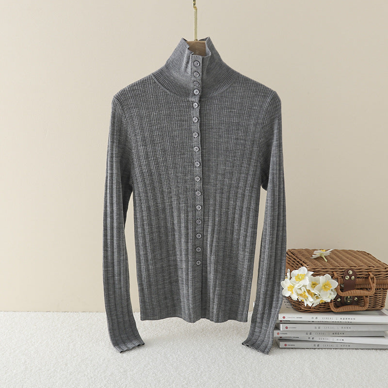Damen Schmaler Rippen-Longsleeve-Cardigan mit verdeckter Knopfleiste und Stehkragen Nord Taschen