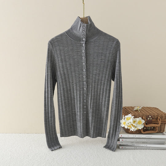 Damen Schmaler Rippen-Longsleeve-Cardigan mit verdeckter Knopfleiste und Stehkragen Nord Taschen