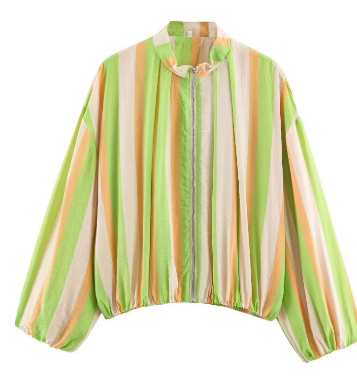 Damen Gestreifte Cropped Blousonjacke mit Stehkragen, Reißverschluss und Ballonärmeln Nord Taschen