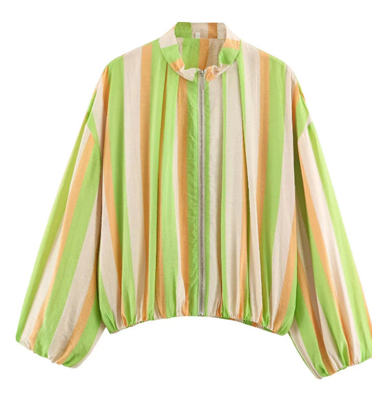 Damen Gestreifte Cropped Blousonjacke mit Stehkragen, Reißverschluss und Ballonärmeln Nord Taschen