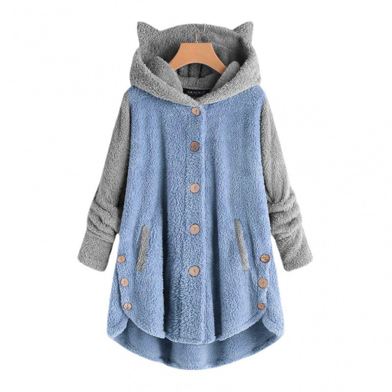 Damen Kuschelige Kapuzen‑Teddyjacke mit Katzenohren, Holzknopf‑Details und High‑Low‑Saum Nord Taschen