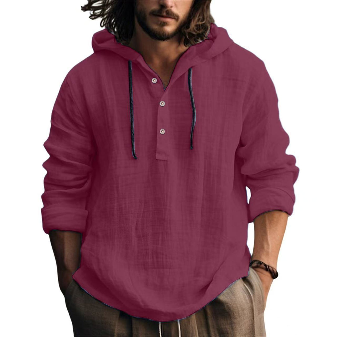 Herren Leichtes Kapuzenhemd im Leinenlook mit Henley-Knopfleiste Nord Taschen