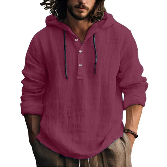 Herren Leichtes Kapuzenhemd im Leinenlook mit Henley-Knopfleiste Nord Taschen