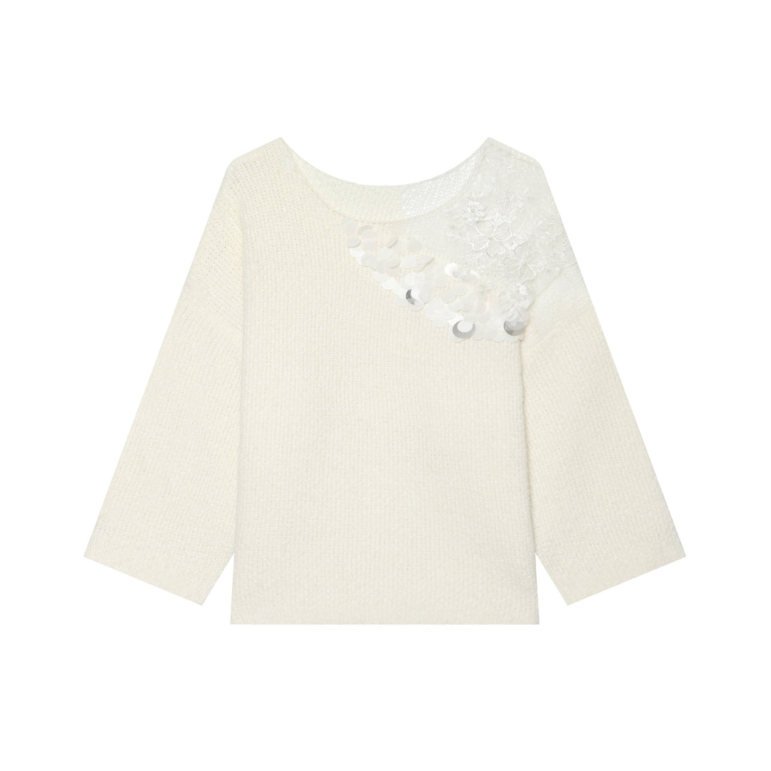Damen Boxy-Strickpullover mit Pailletten-Applikation und Spitzenbesatz Nord Taschen