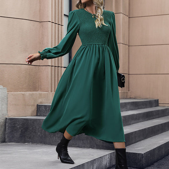 Damen Midikleid mit smockbesetztem Oberteil, taillierter A‑Linie & langen Ballonärmeln Nord Taschen
