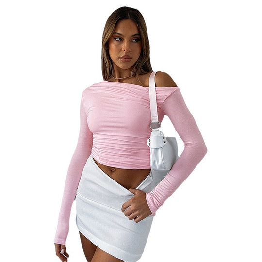 Damen schulterfreies gerafftes Cropped-Longsleeve aus Stretch-Jersey Nord Taschen