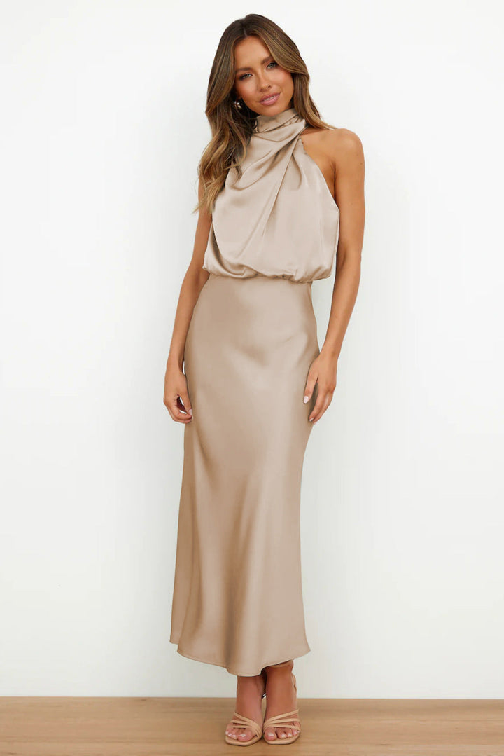 Damen Fließendes Maxikleid mit elegantem Stehkragen und Drapierung