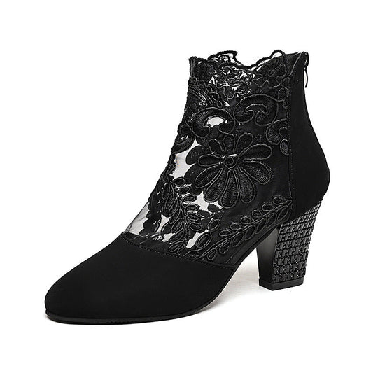 Damen elegante Ankle-Stiefel mit feiner Spitze und komfortablem Blockabsatz Nord Taschen