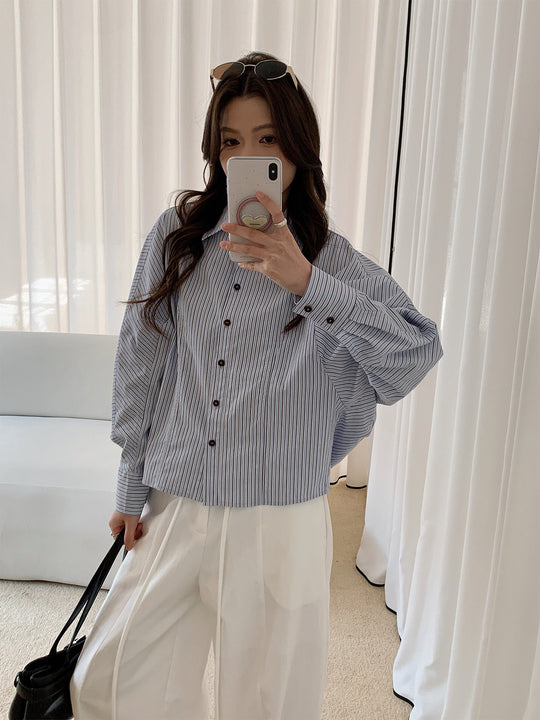 Damen Oversized Hemdbluse mit Streifenmuster und Ballonärmeln Nord Taschen