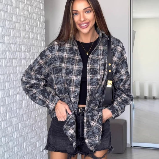 Damen Oversized Karierte Shacket-Hemdjacke mit Druckknopfverschluss und abgerundetem Saum Nord Taschen