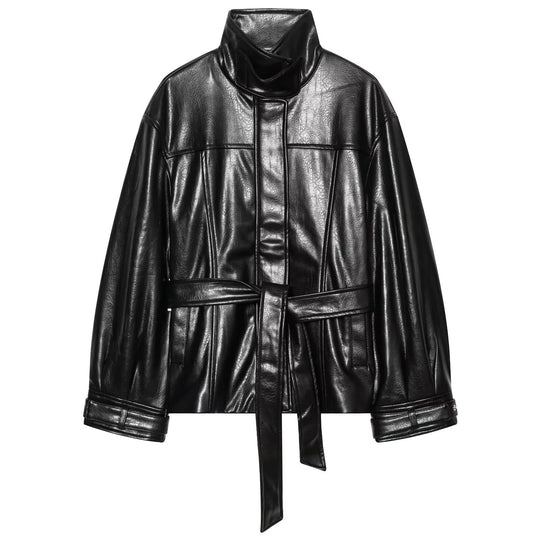 Damen Kurzblouson aus Glattlederoptik mit Bindegürtel und hohem Stehkragen Nord Taschen