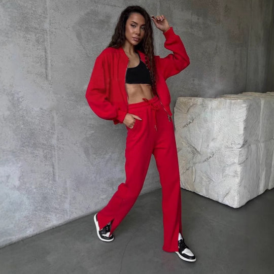 Damen weiches Velours-Zweiteiler mit kurzem Reißverschluss-Bomber und High-Waist-Hose mit Bein-Schlitz Nord Taschen