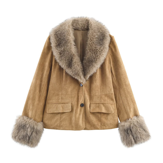 Damen Kurzjacke aus Wildlederoptik mit voluminösem Kunstfellkragen und Fellmanschetten Nord Taschen