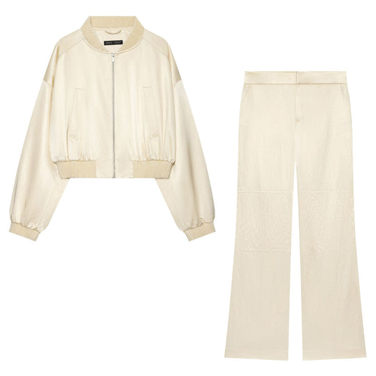Damen Zweiteiliges Satinset: Cropped Bomberjacke mit Rippbündchen und hochtaillierte Wide‑Leg Hose Nord Taschen