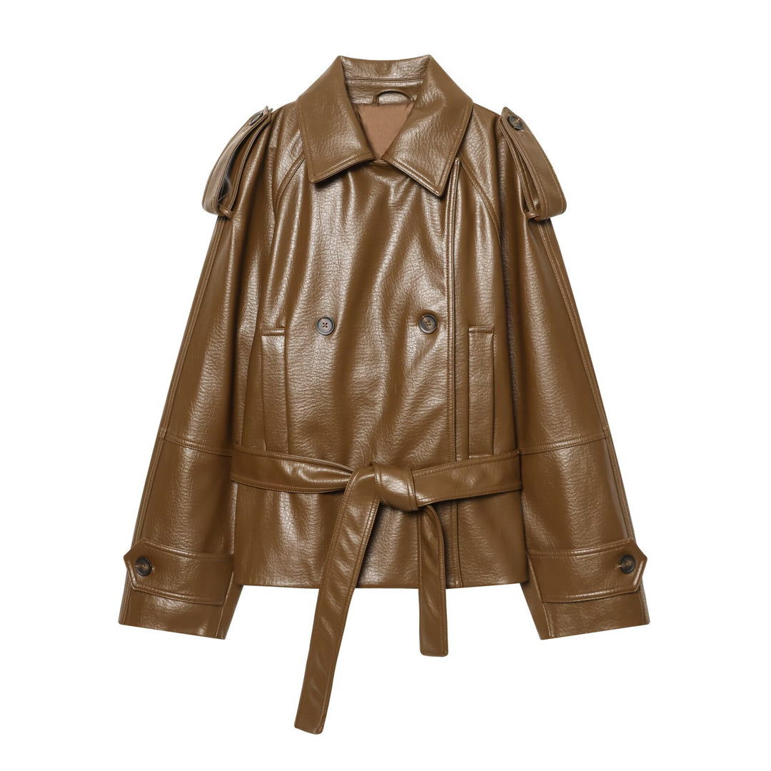 Damen Kurz geschnittener Trenchcoat aus Kunstleder mit taillierendem Bindegürtel Nord Taschen