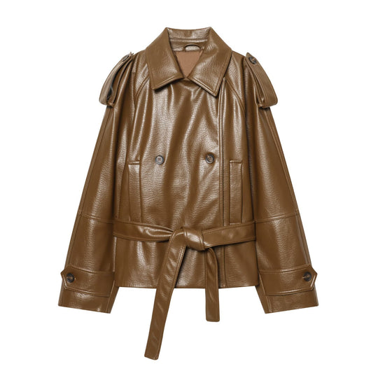 Damen Kurz geschnittener Trenchcoat aus Kunstleder mit taillierendem Bindegürtel Nord Taschen