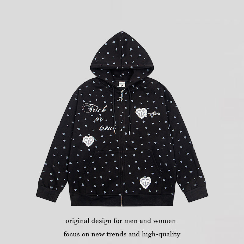 Damen Kapuzen-Sweatjacke mit durchgehendem Reißverschluss, Allover-Herzprint und Statement-Stickerei Nord Taschen