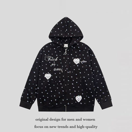 Damen Kapuzen-Sweatjacke mit durchgehendem Reißverschluss, Allover-Herzprint und Statement-Stickerei Nord Taschen