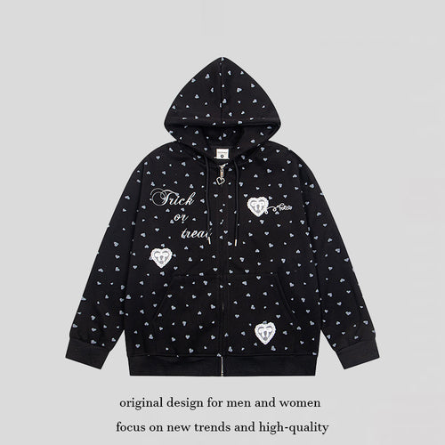 Damen Kapuzen-Sweatjacke mit durchgehendem Reißverschluss, Allover-Herzprint und Statement-Stickerei Nord Taschen